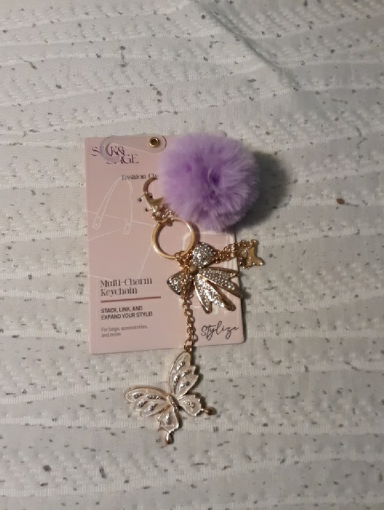 Silk and Sage Accessories - Silk And Sage Lavender Pom-Pom Keychain with Gold Butterfly and Bow Charms